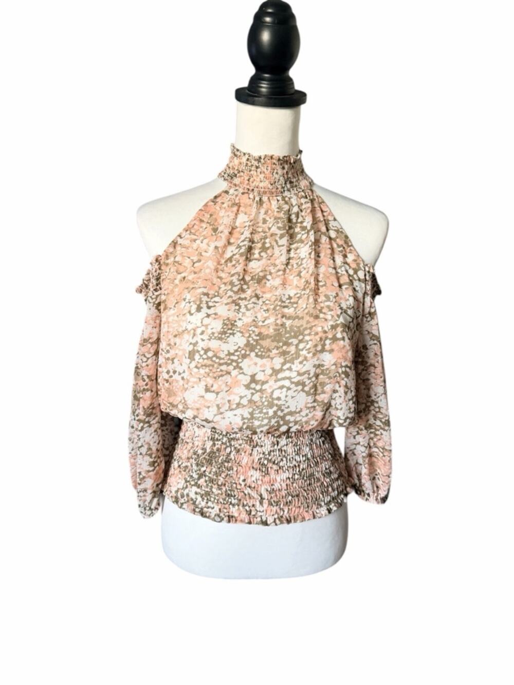 Express Pink White Smocked Halter Cold-Shoulder Blouse Small
